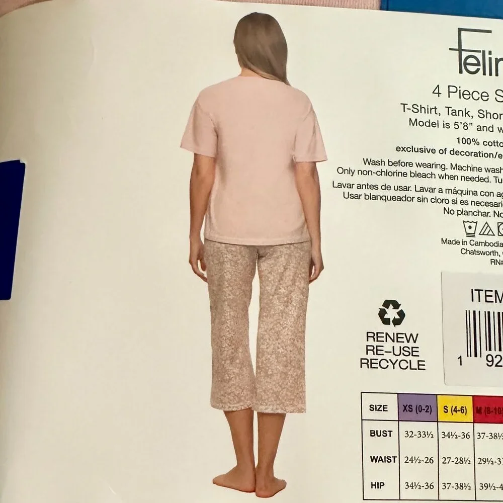 Felina Women's 4 Piece 100% Cotton Sleep Pajama Set L Tee Tank Short Capri Pant - Picture 7 of 10